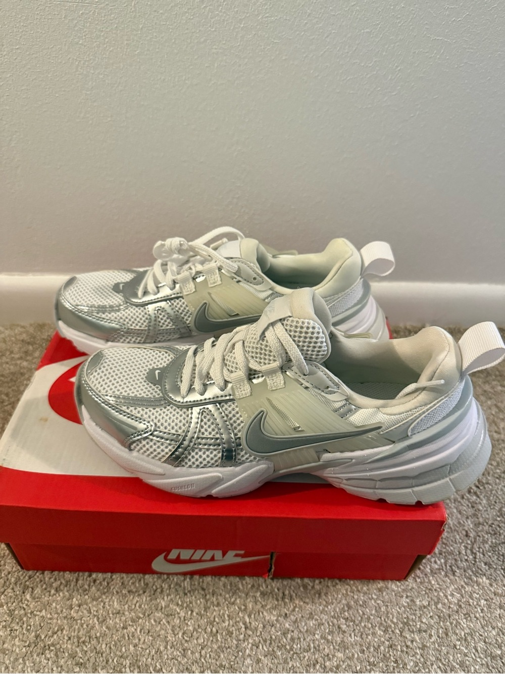 Nike V2K White and Silver Mesh Sneaker